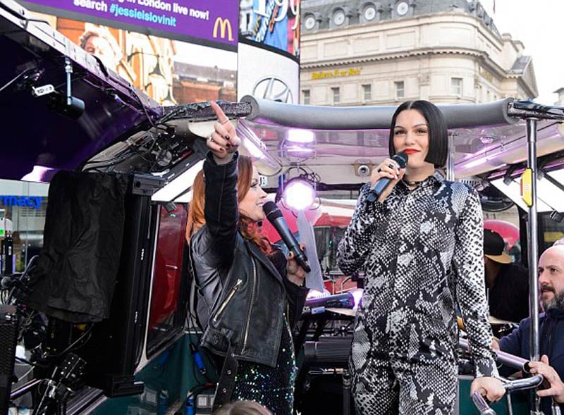 Jessie J performing on open top bus tour with McDonalds
