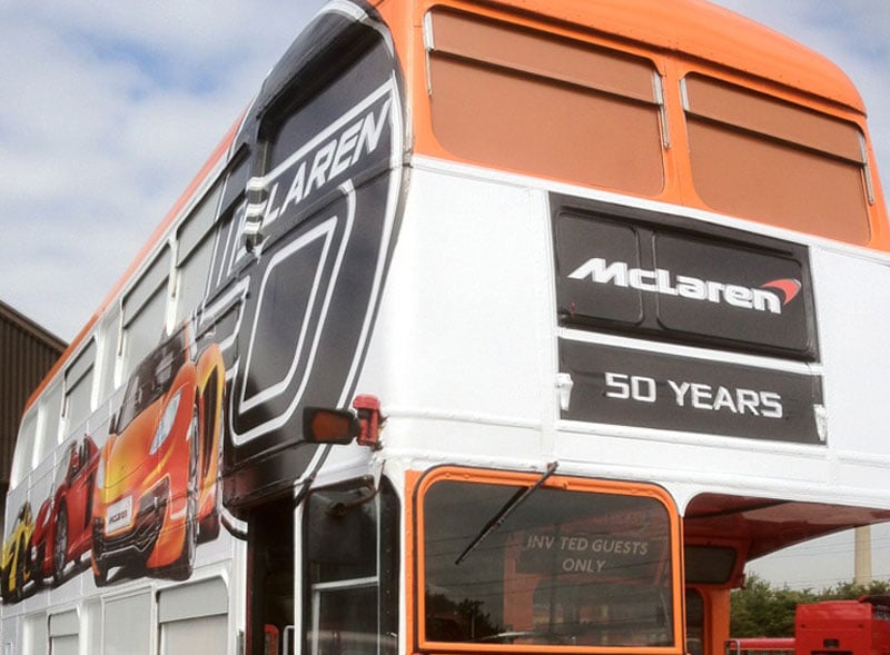 McLaren branded Routemaster bus hire