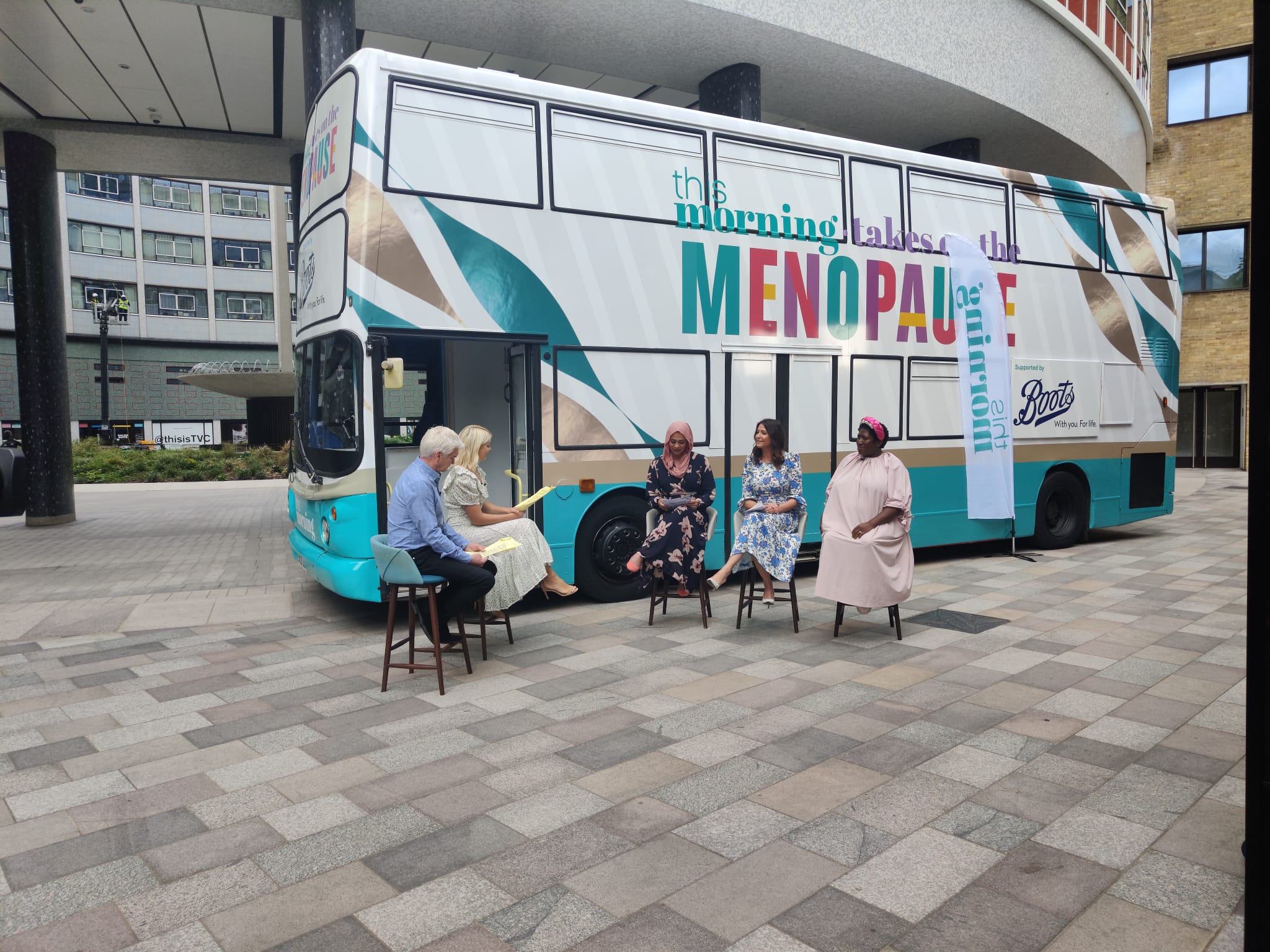 Double Decker Bus White Teal Turqouise ITV Boots This Morning Menopause Red Double Decker Holly Willughby Phillip Schofield